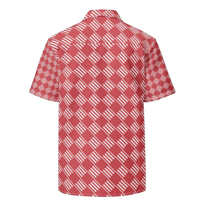 Good Wishes 365 unisex short sleeve button-down shirt in coral pink with a white geometric striped pattern, back view.