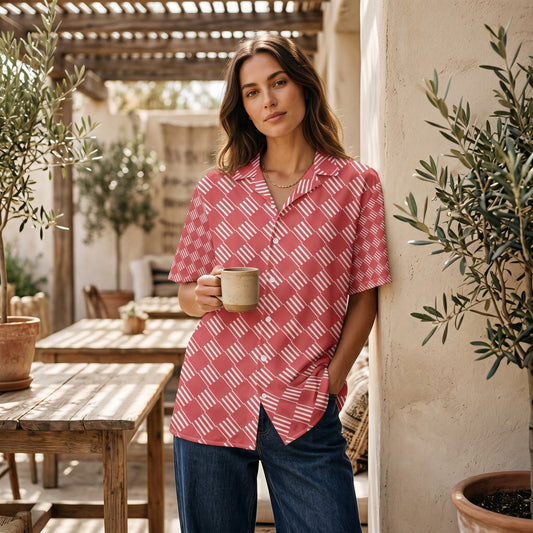 Good Wishes 365 unisex coral-pink short sleeve button-down shirt with white geometric stripes on a woman outdoors