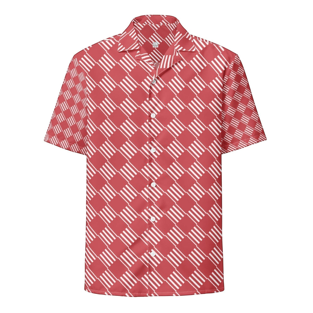 Good Wishes 365 unisex short sleeve button-down shirt in coral pink with a white geometric diagonal striped pattern.