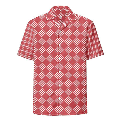 Good Wishes 365 unisex short sleeve button-down shirt in coral pink with a white geometric diagonal striped pattern.