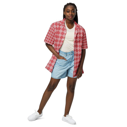 Good Wishes 365 unisex coral pink short sleeve button-down shirt with white geometric stripes on a model.