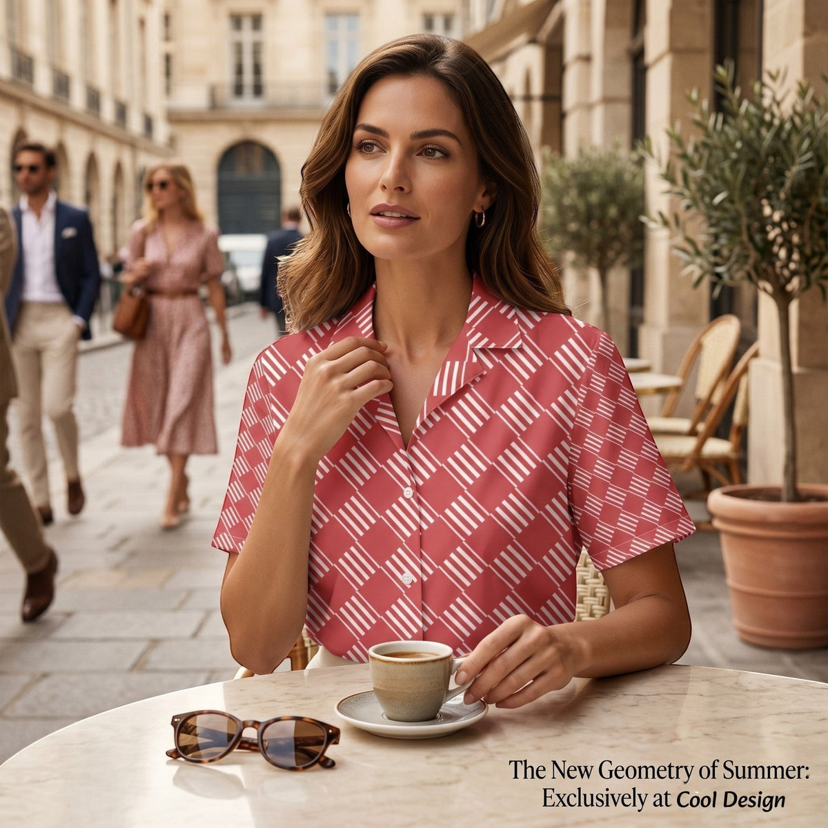 Good Wishes 365 unisex coral pink short sleeve button-down shirt with white geometric stripes worn at a cafe