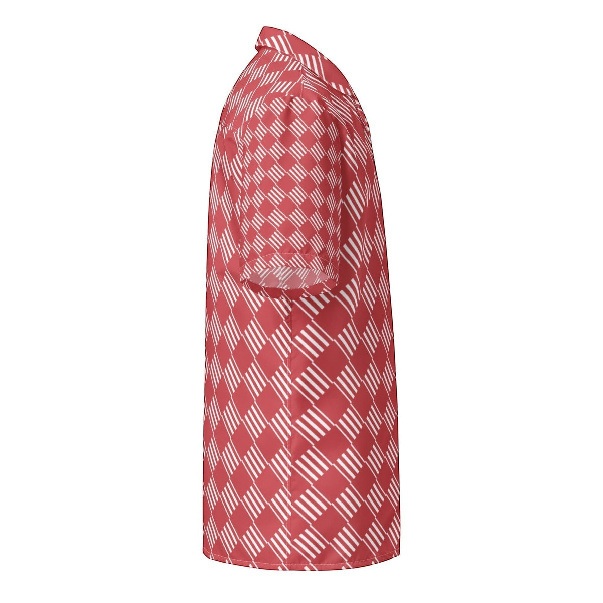 Good Wishes 365 unisex short sleeve button-down shirt in coral pink with a white geometric striped pattern, side view