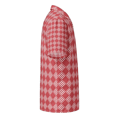 Good Wishes 365 unisex short sleeve button-down shirt in coral pink with a white geometric striped pattern, side view