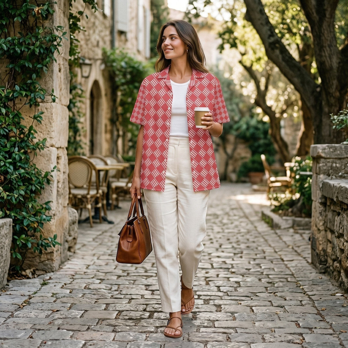 Good Wishes 365 unisex coral pink short sleeve button-down shirt with white geometric stripes worn on a cobblestone street