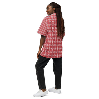 Good Wishes 365 unisex coral pink short sleeve button-down shirt with white geometric stripes worn by a woman