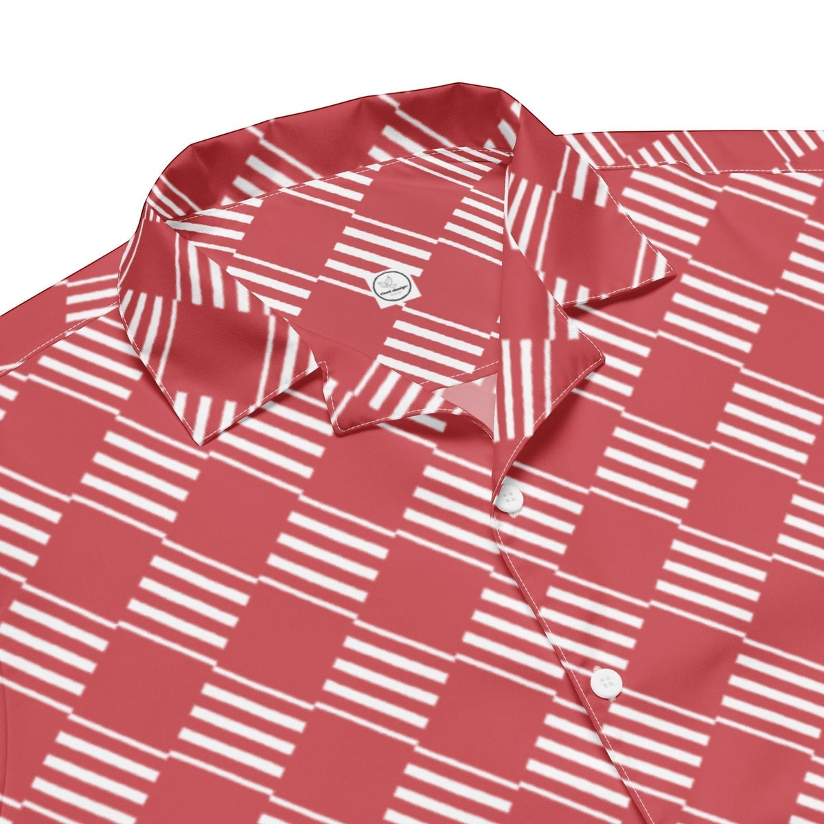 Good Wishes 365 coral pink unisex button-down shirt with a geometric white striped pattern and a classic camp collar.
