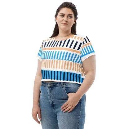 Good Wishes 365 crop tee with blue, orange, and white abstract coastal rhythm print in mid-weight stretch jersey.