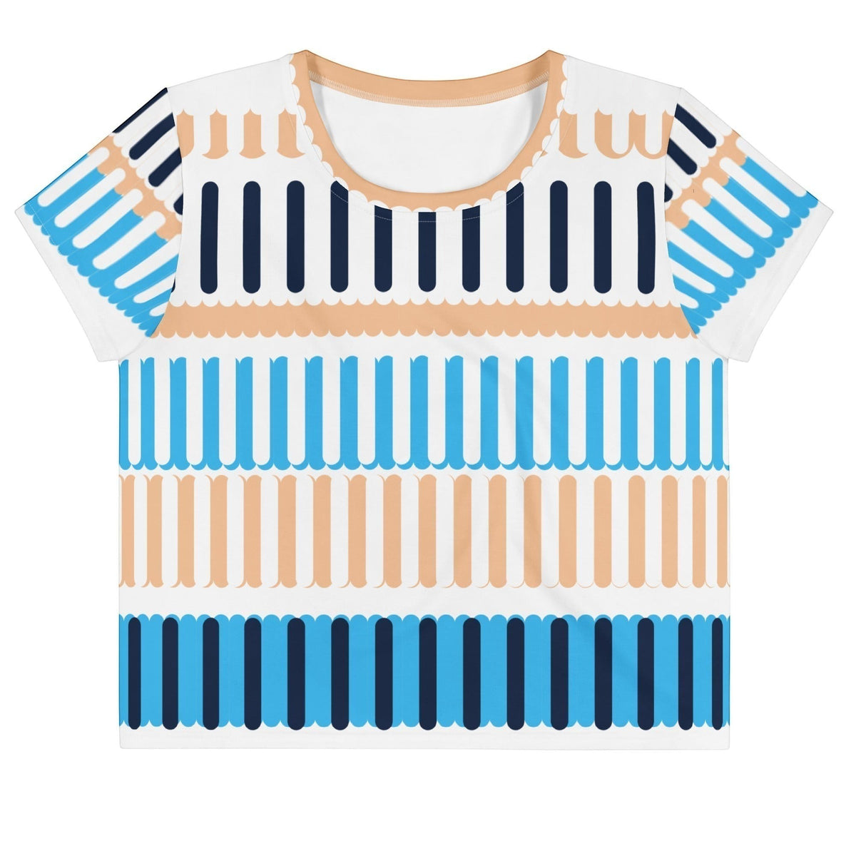 Good Wishes 365 crop tee featuring a Coastal Rhythm III all-over print with blue, navy, and peach geometric stripes.