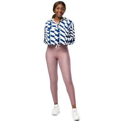 Good Wishes 365 women's cropped windbreaker with blue and white Finnish flag print, worn with pink leggings.