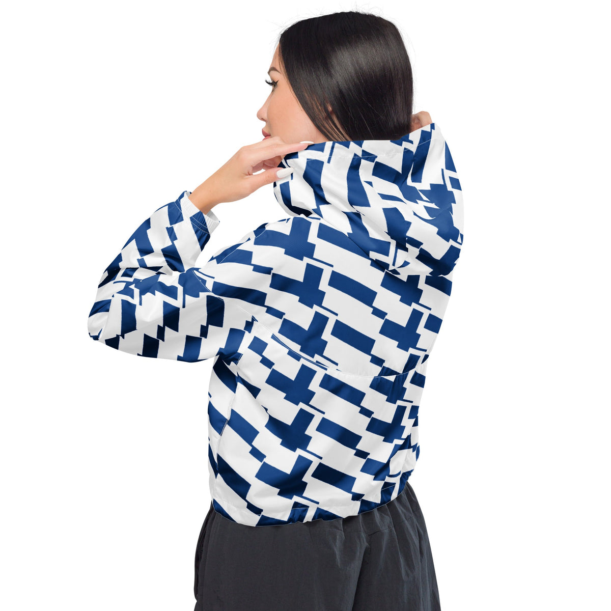 Good Wishes 365 women's cropped windbreaker with blue and white Finnish flag geometric print and hood