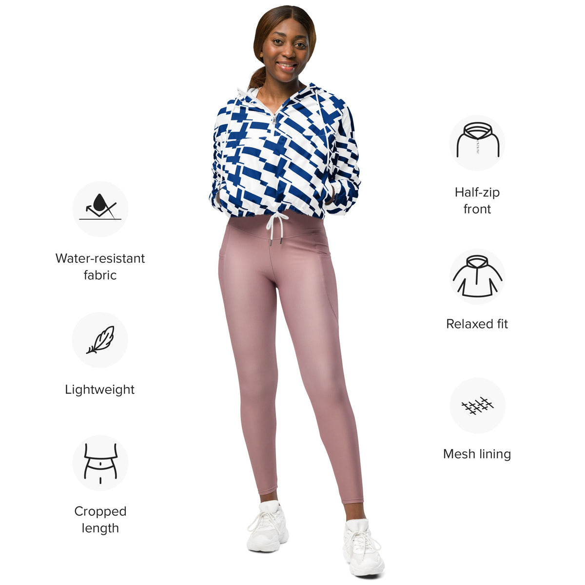 Good Wishes 365 women's cropped windbreaker with blue and white Finnish flag print, half-zip, and mesh lining.
