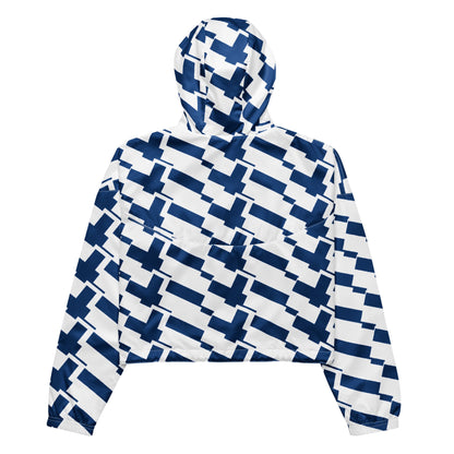 Good Wishes 365 women's cropped windbreaker with blue and white Finnish flag geometric print, back view with hood.