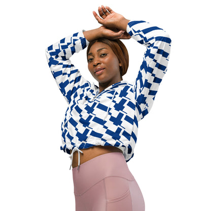 Good Wishes 365 women's cropped windbreaker with blue and white Finnish flag geometric print and adjustable hem