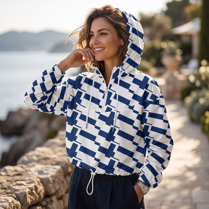 Good Wishes 365 women's cropped windbreaker with blue and white Finnish flag geometric print and adjustable hood