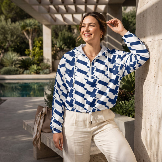 Good Wishes 365 women's cropped windbreaker with blue and white Finnish flag print, half-zip, and drawstring hem.