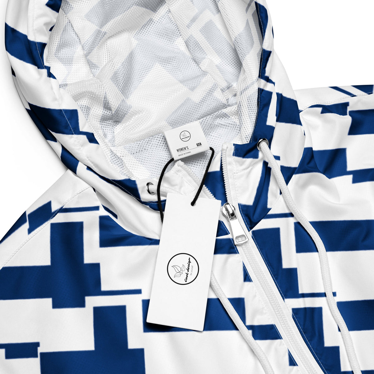 Good Wishes 365 women's cropped windbreaker with blue and white Finnish flag print, half-zip, and mesh-lined hood.