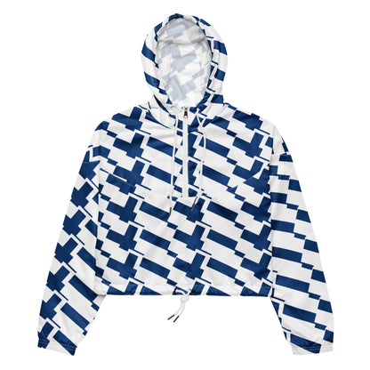 Good Wishes 365 women's cropped windbreaker with a blue and white Finnish flag-inspired geometric print and hood.
