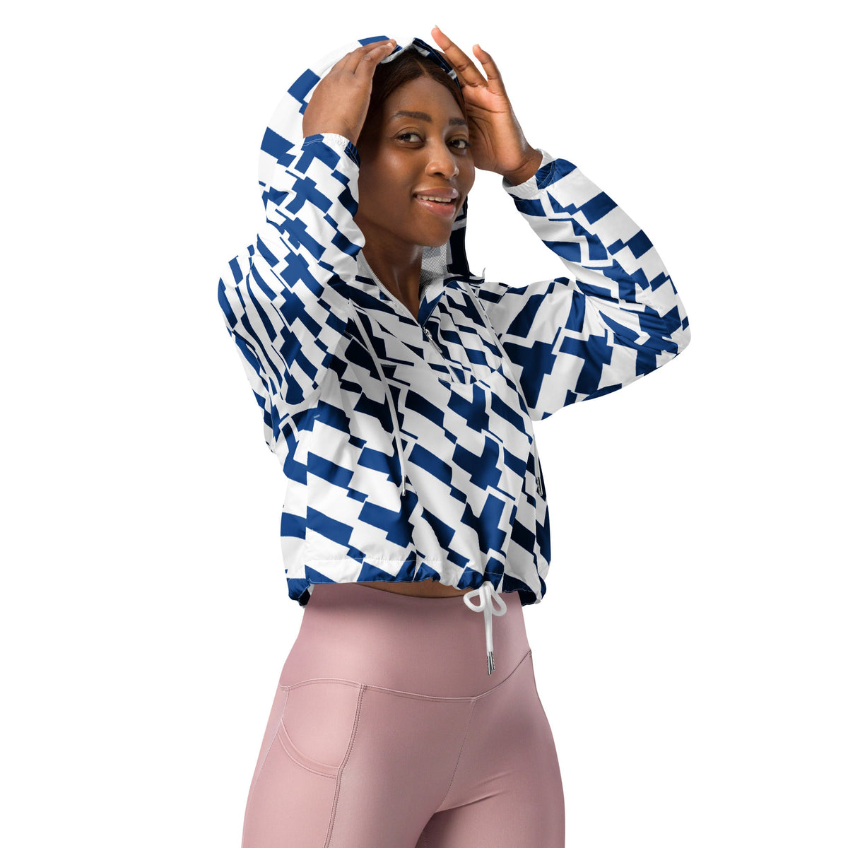 Good Wishes 365 women's cropped windbreaker with blue and white Finnish flag print, hood, and drawstring hem.