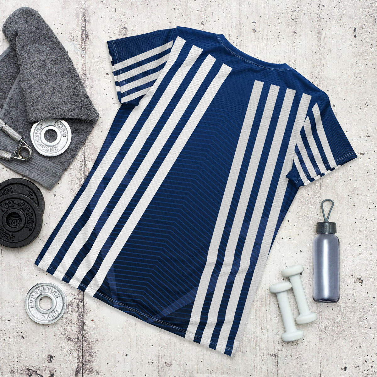 Good Wishes 365 women's dark cerulean athletic t-shirt with vertical stripes and chevron texture on a gym background