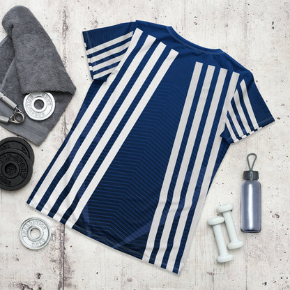 Good Wishes 365 women's dark cerulean athletic t-shirt with vertical stripes and chevron texture on a gym background