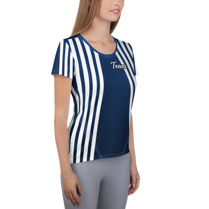 Good Wishes 365 women's dark cerulean athletic t-shirt with vertical stripes, chevron texture, and Team graphic