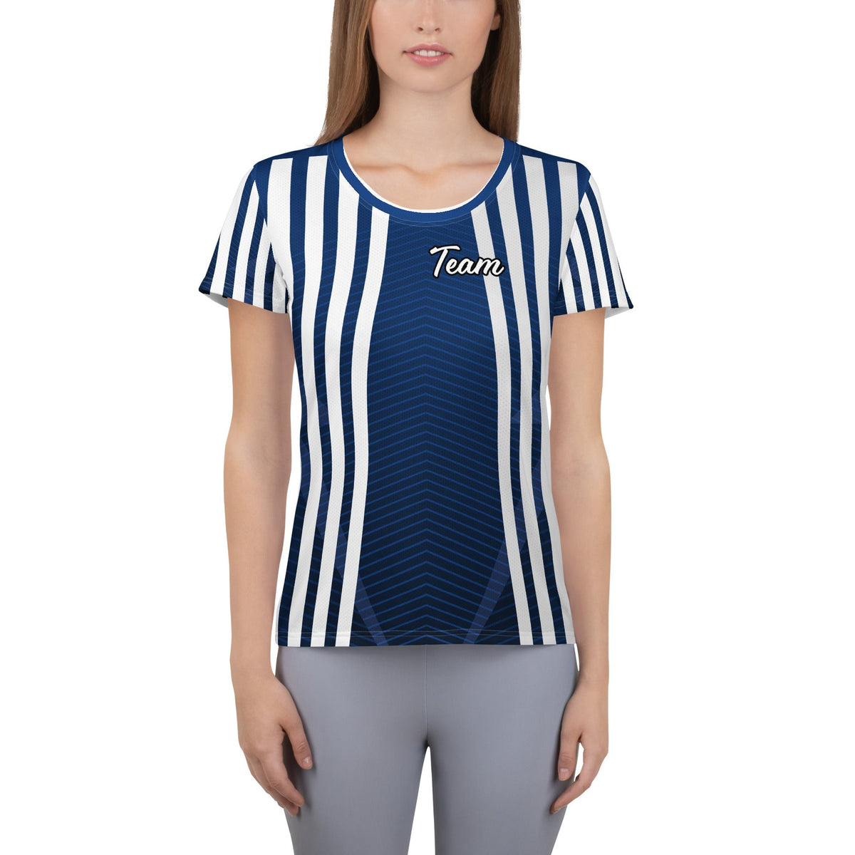 Good Wishes 365 women's dark cerulean athletic t-shirt with vertical stripes, chevron texture, and Team graphic print.