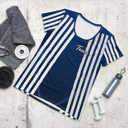 Good Wishes 365 dark cerulean athletic t-shirt with white vertical stripes and Team graphic on a gym floor background