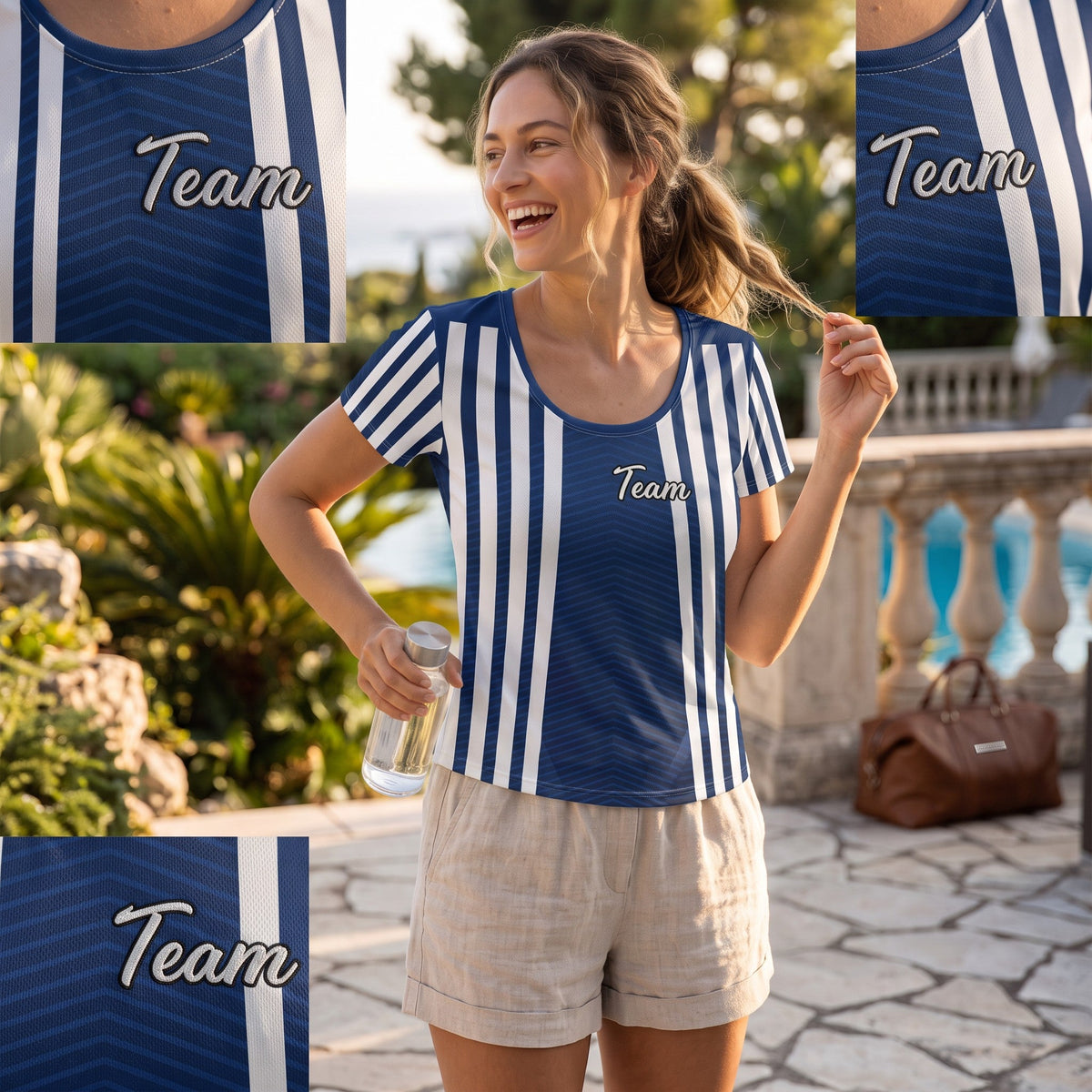 Good Wishes 365 women's dark cerulean athletic t-shirt with vertical stripes and Team graphic in a sunny outdoor setting