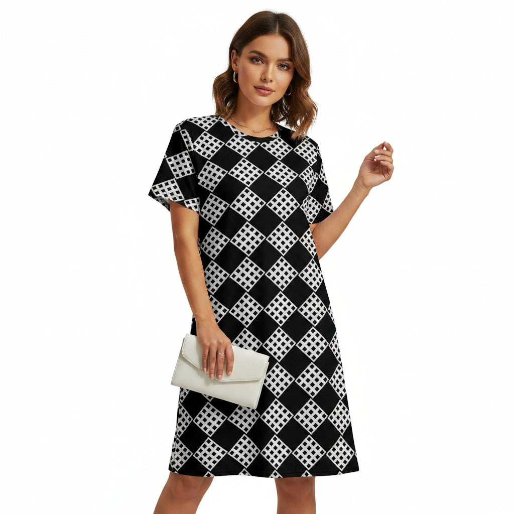 Good Wishes 365 black and white diamond pattern t-shirt dress with short sleeves and a relaxed fit.