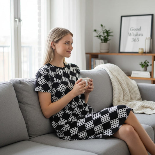Good Wishes 365 black and white diamond checkerboard pattern t-shirt dress with short sleeves.