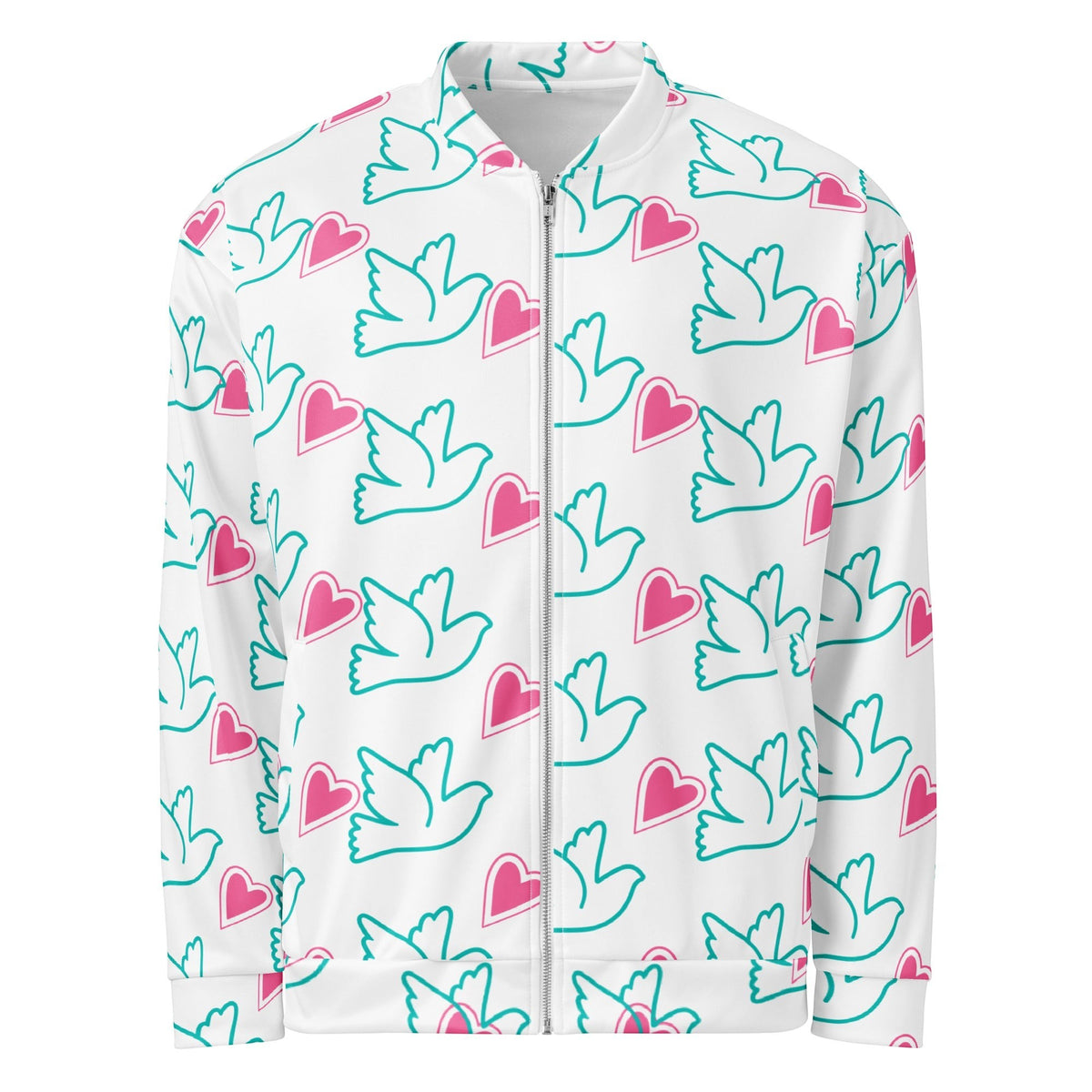 Good Wishes 365 unisex bomber jacket with a white background featuring a teal dove and pink heart all-over print.