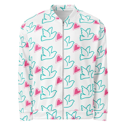 Good Wishes 365 unisex bomber jacket with a white background featuring a teal dove and pink heart all-over print.