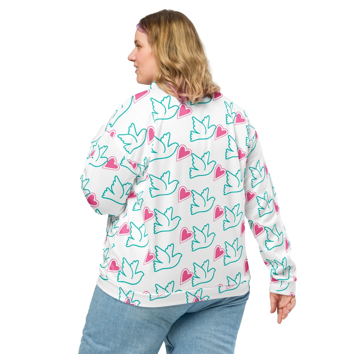 Good Wishes 365 bomber jacket with teal dove and pink heart print on white, worn by a woman, back view