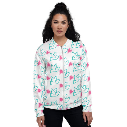 Good Wishes 365 bomber jacket with teal dove and pink heart print on white, worn by a woman with dark hair.