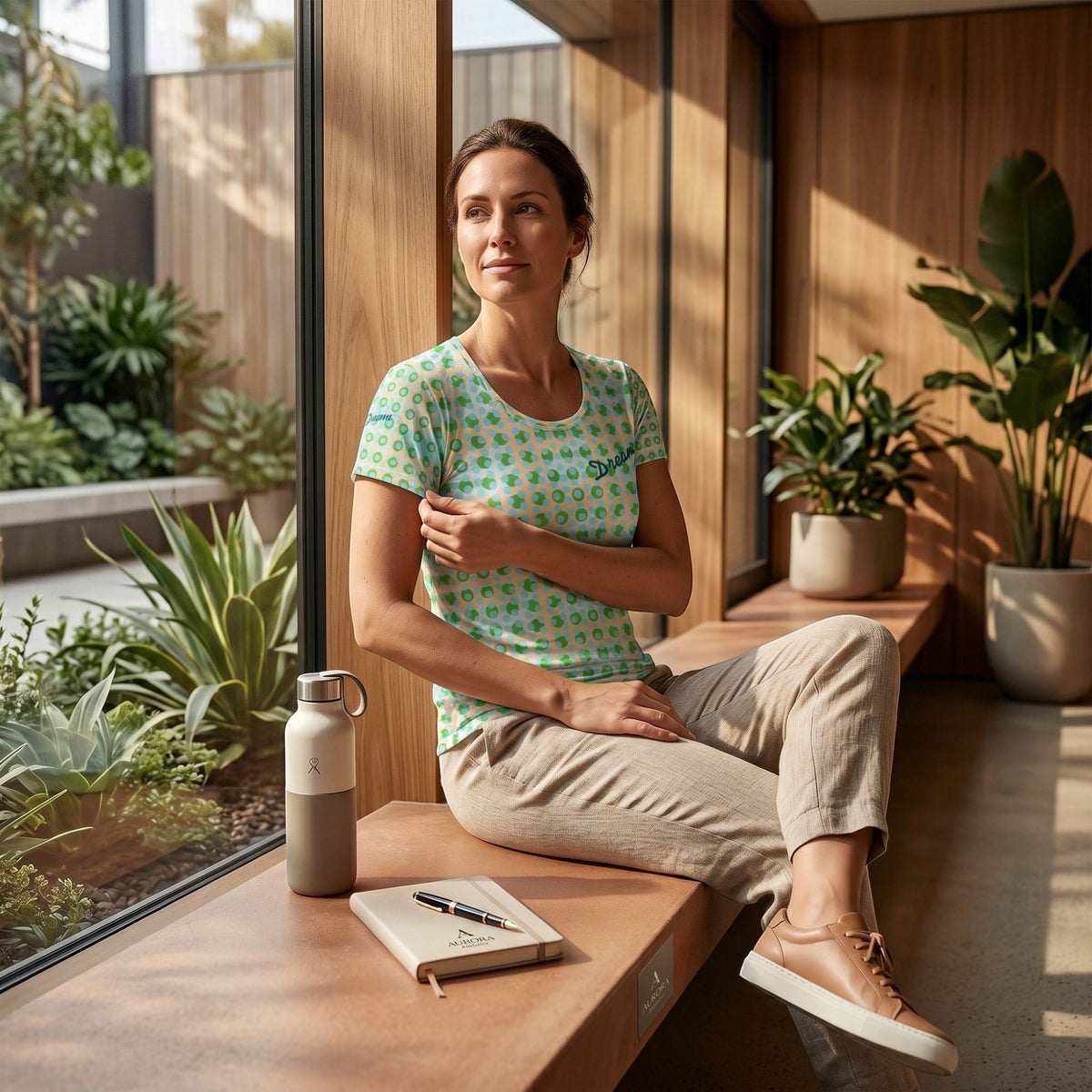 Good Wishes 365 Dream athletic t-shirt with green and blue geometric print, worn by a woman in a sunlit modern room.