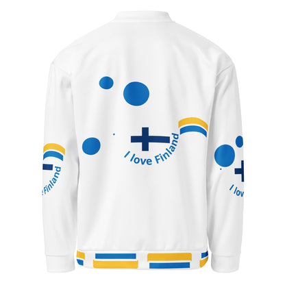 Back view of Good Wishes 365 white bomber jacket with blue and yellow Finnish cross and polka dot graphic print