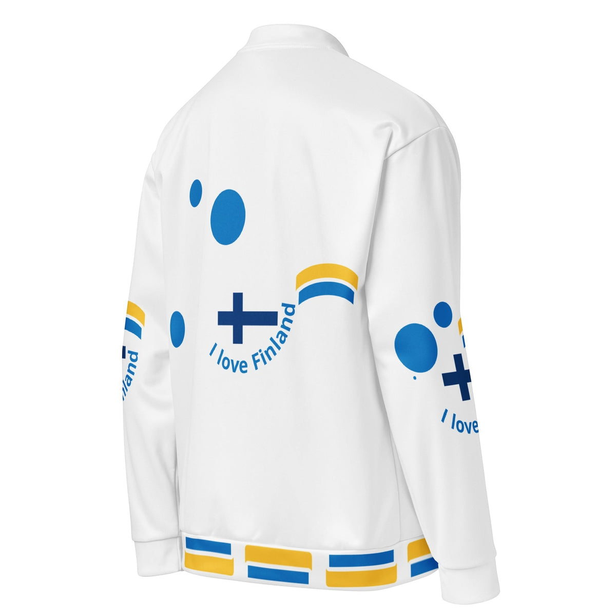 Good Wishes 365 white bomber jacket with blue and yellow Finnish cross and polka dot graphics, back view.