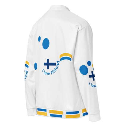 Good Wishes 365 white bomber jacket with blue and yellow Finnish cross and polka dot graphics, back view.