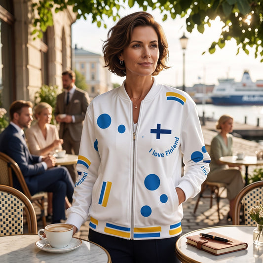 Good Wishes 365 white unisex bomber jacket with blue and yellow Finland-themed print, worn by a woman at a cafe.