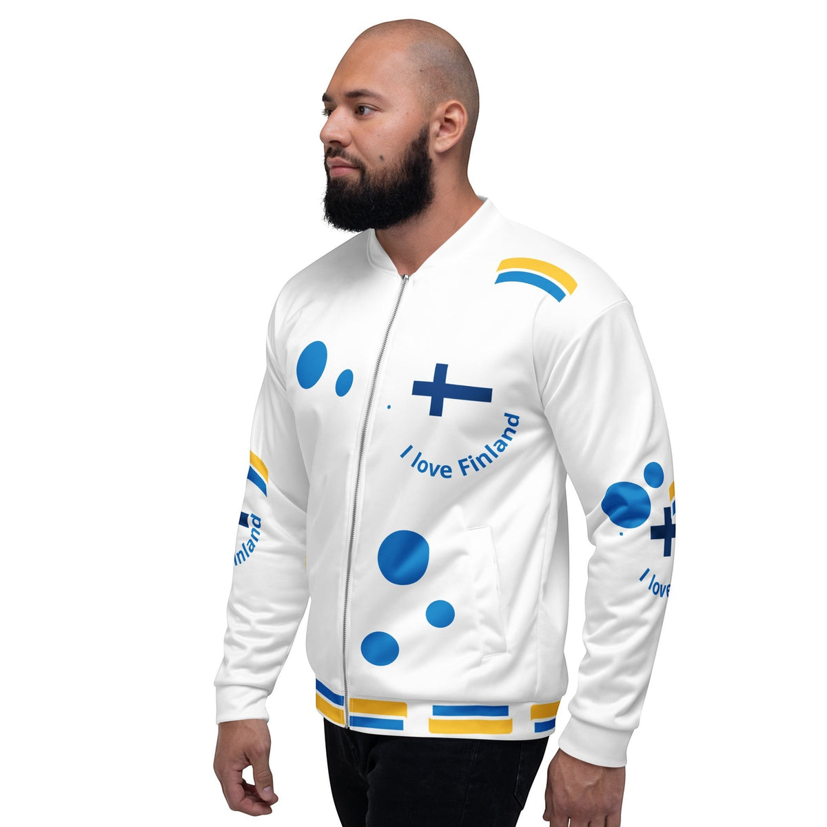 Good Wishes 365 white unisex bomber jacket with blue and yellow Finnish cross and polka dot patterns, side view