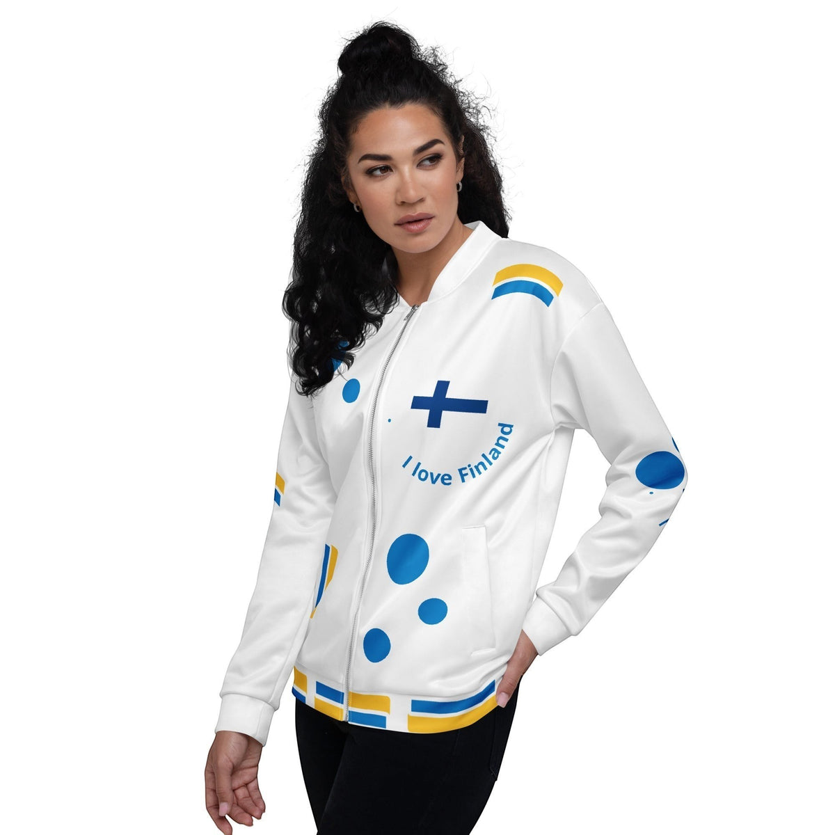 Good Wishes 365 white bomber jacket with blue and yellow Finnish flag motifs, polka dots, and front zipper closure.