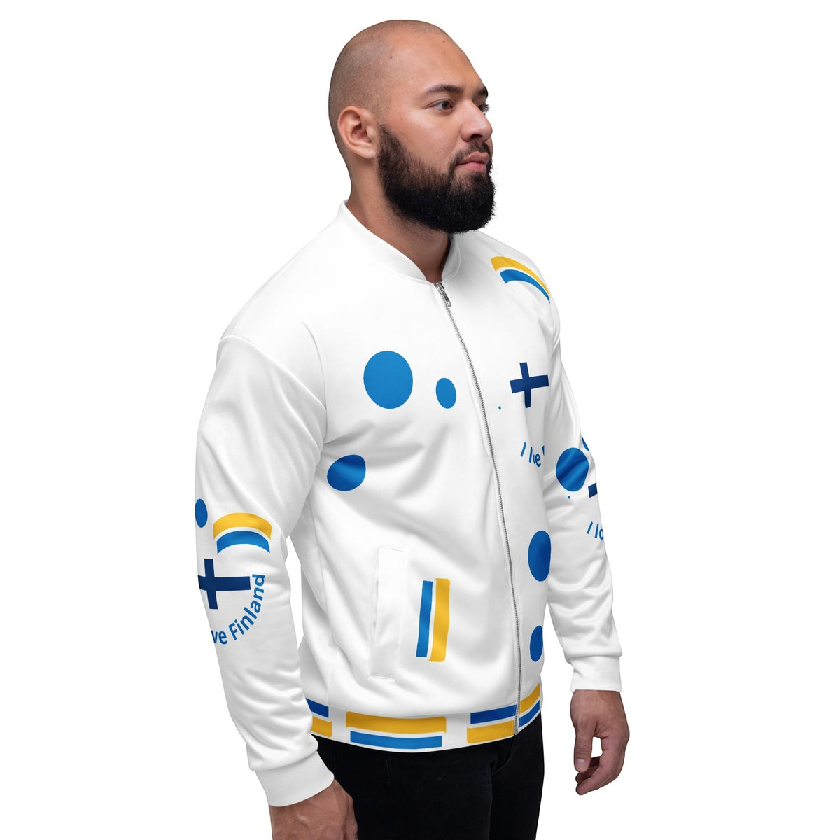 Good Wishes 365 white bomber jacket with blue and yellow Finnish cross and polka dot print worn by a man