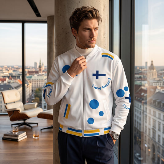 Good Wishes 365 unisex bomber jacket with Finland-themed blue and yellow print, worn by a man in a modern apartment.