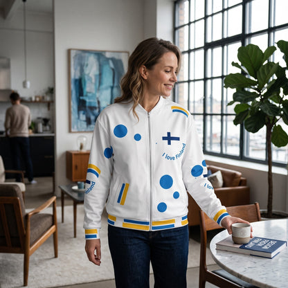 A woman wearing a Good Wishes 365 white bomber jacket with blue and yellow Finland-themed patterns in a bright room.