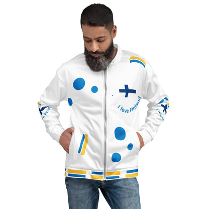 Good Wishes 365 white bomber jacket with blue and yellow Finnish flag motifs and polka dots worn by a bearded man.