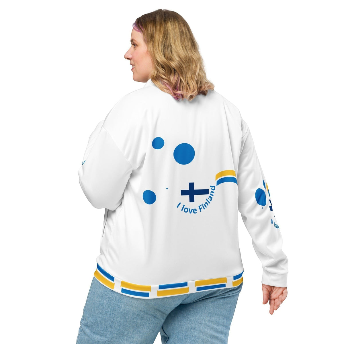 Good Wishes 365 white bomber jacket with blue and yellow Finnish flag motifs and polka dots worn by a woman
