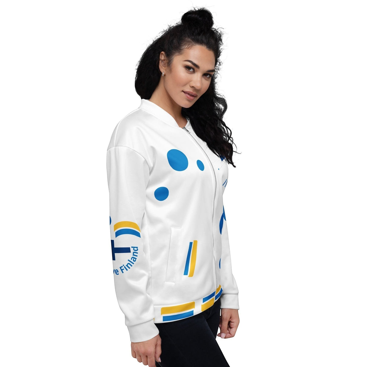 Good Wishes 365 white bomber jacket with blue and yellow Finnish flag inspired polka dots and geometric patterns.
