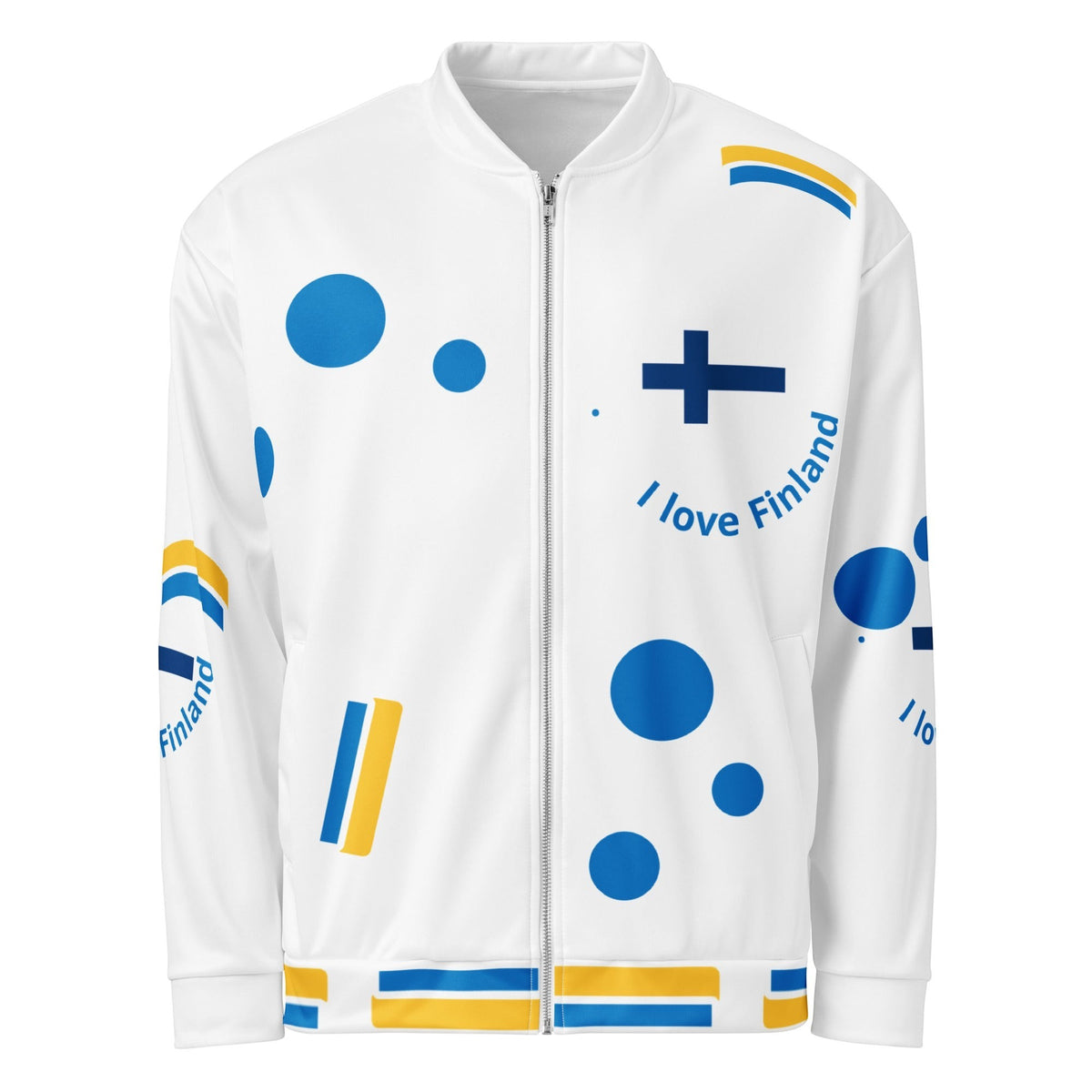 Good Wishes 365 white bomber jacket with blue and yellow Finnish cross and polka dot graphic print