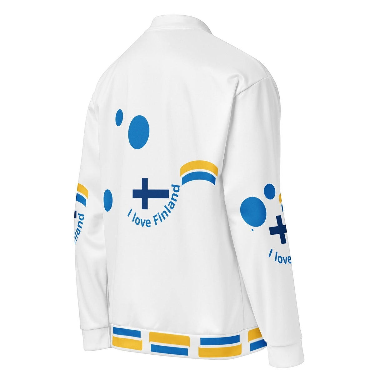 Good Wishes 365 white bomber jacket with blue and yellow Finnish flag inspired polka dots and geometric motifs